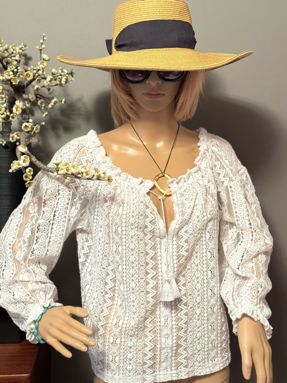 Maje White Lace Blouse with Tassel Detail